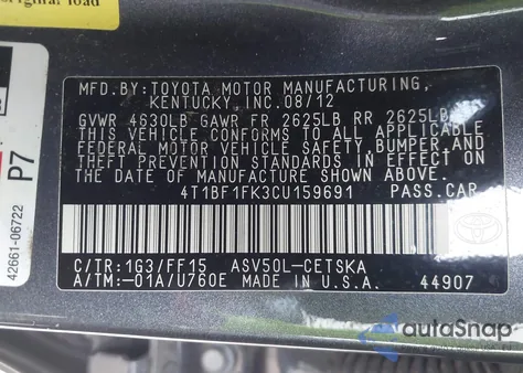 2012 Toyota Camry Se из США, поврежденный, VIN 4T1BF1FK3CU159691